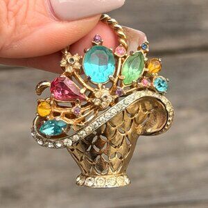 Vintage Signed Coro Floral Basket Brooch Gold Tone Multi-Color Rhinestone Flower